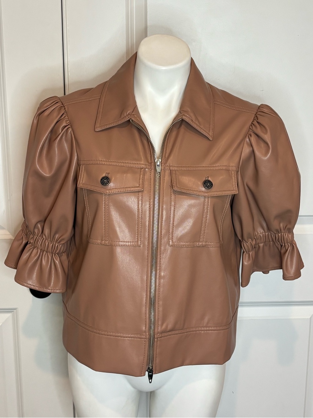 Cinq a Sept Holly Tan Faux Leather Short Sleeve Zip Jacket S
